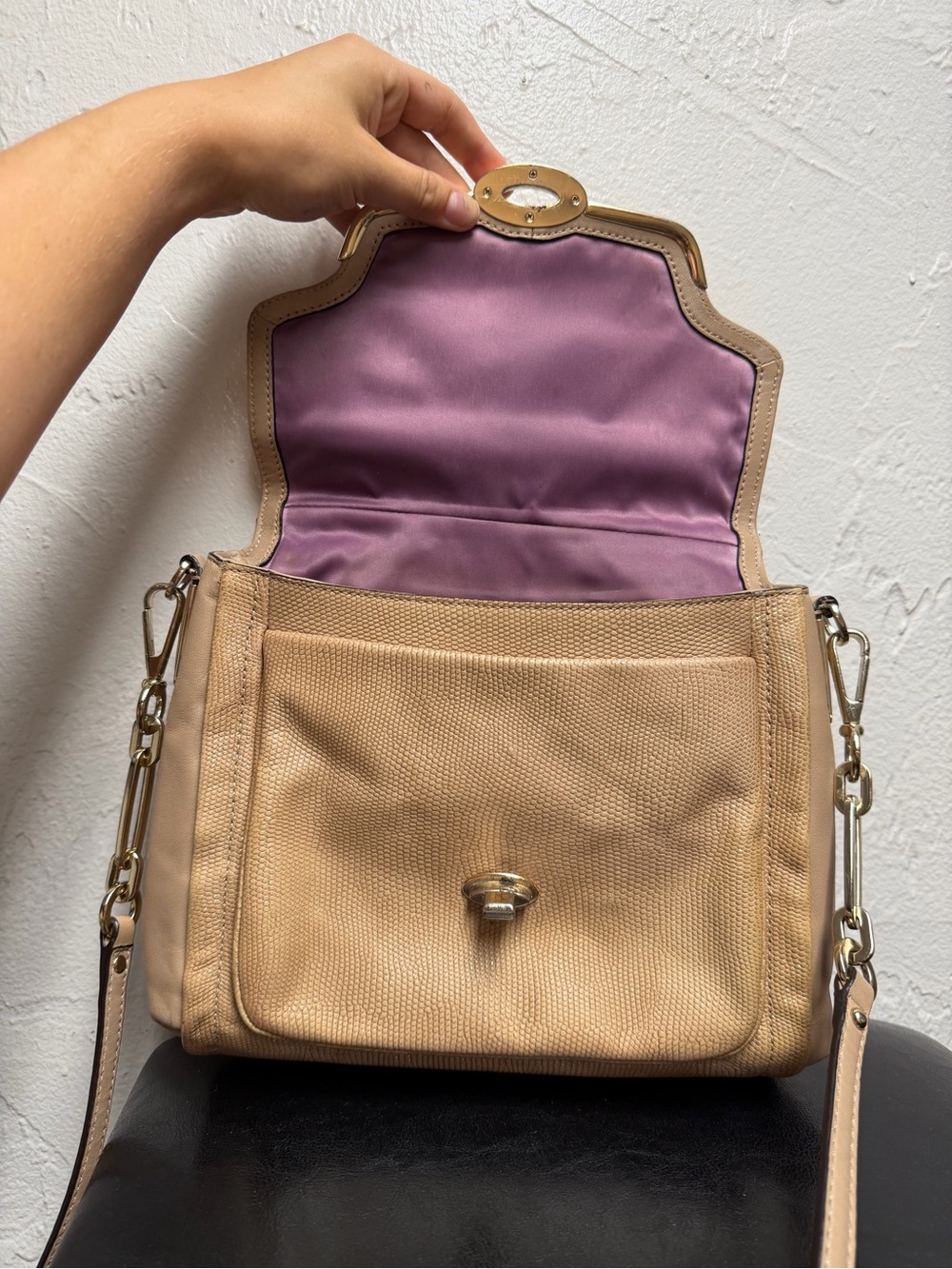 Beige Lizard-embossed Leather Coach Madison Sadie Flap Satchel - Picture 3 of 16